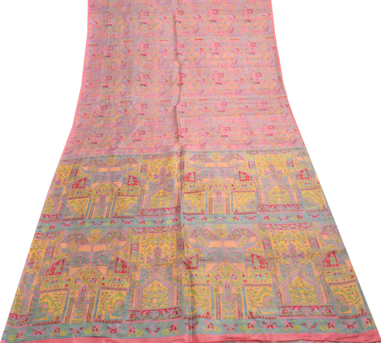 Sushila Vintage Pink Saree 100% Pure Silk Printed Abstract Indian Craft Fabric