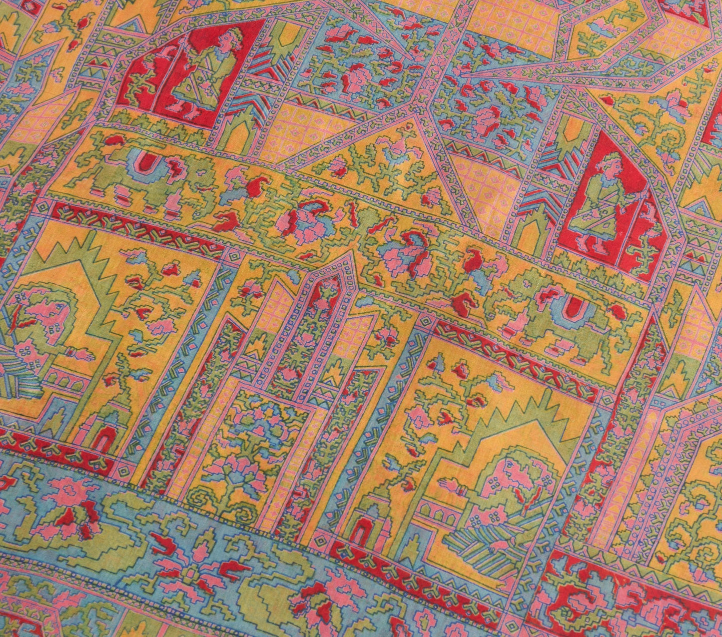 Sushila Vintage Pink Saree 100% Pure Silk Printed Abstract Indian Craft Fabric