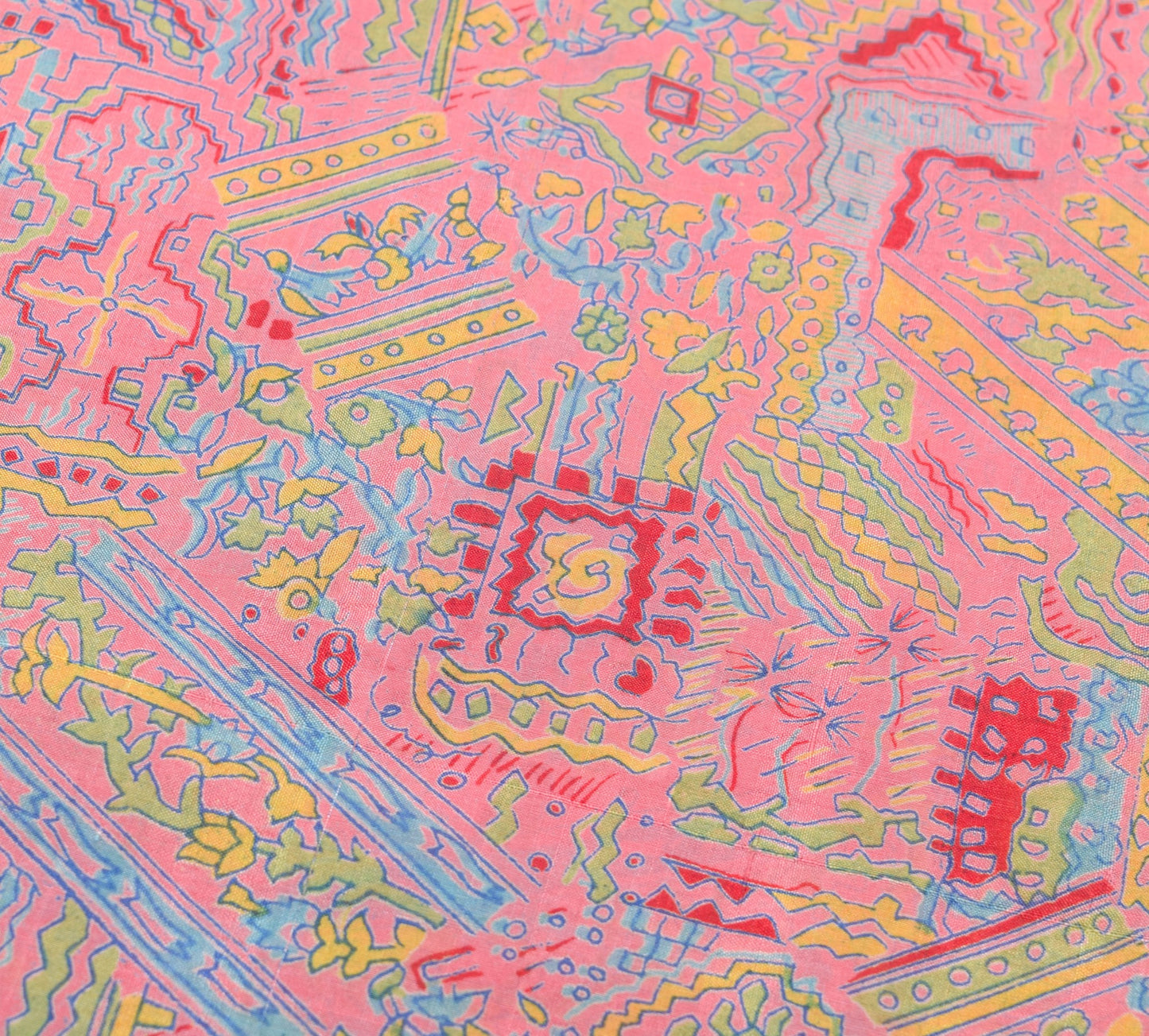 Sushila Vintage Pink Saree 100% Pure Silk Printed Abstract Indian Craft Fabric