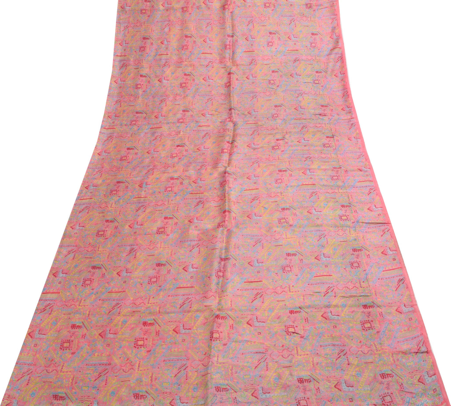 Sushila Vintage Pink Saree 100% Pure Silk Printed Abstract Indian Craft Fabric