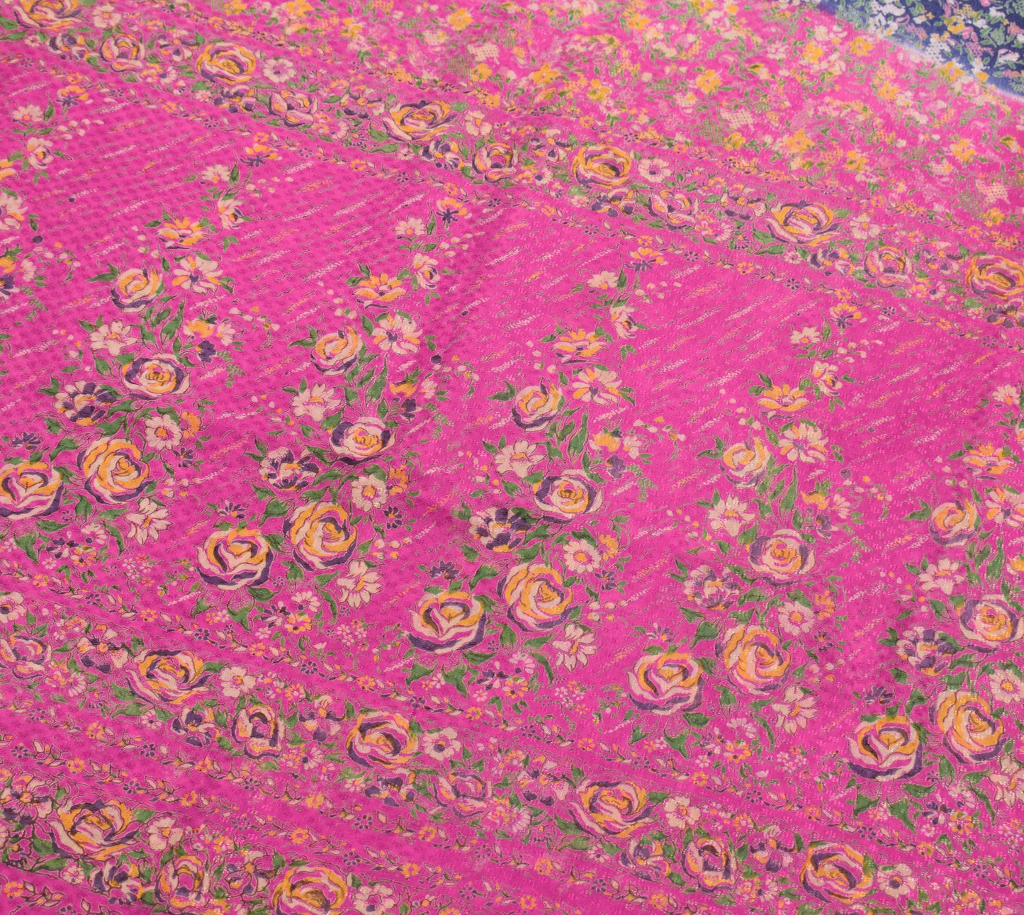 Sushila Vintage Blue & Pink Saree Pure Silk Printed Floral Soft Craft Fabric