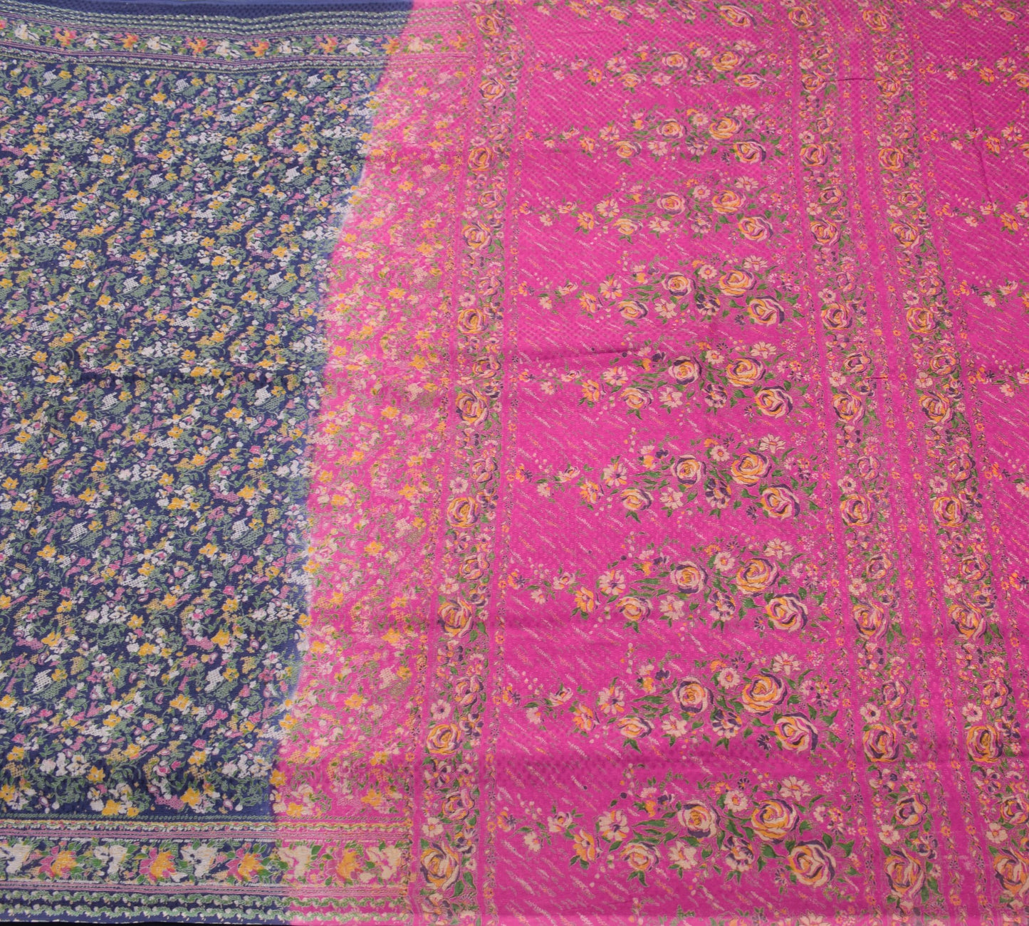 Sushila Vintage Blue & Pink Saree Pure Silk Printed Floral Soft Craft Fabric