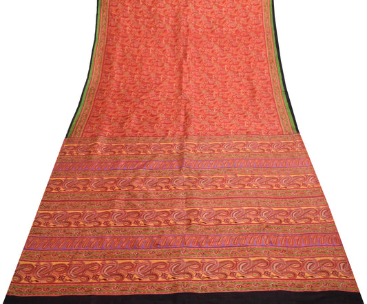 Sushila Vintage Dark Orange Saree Pure Silk Printed Paisley Soft Craft Fabric
