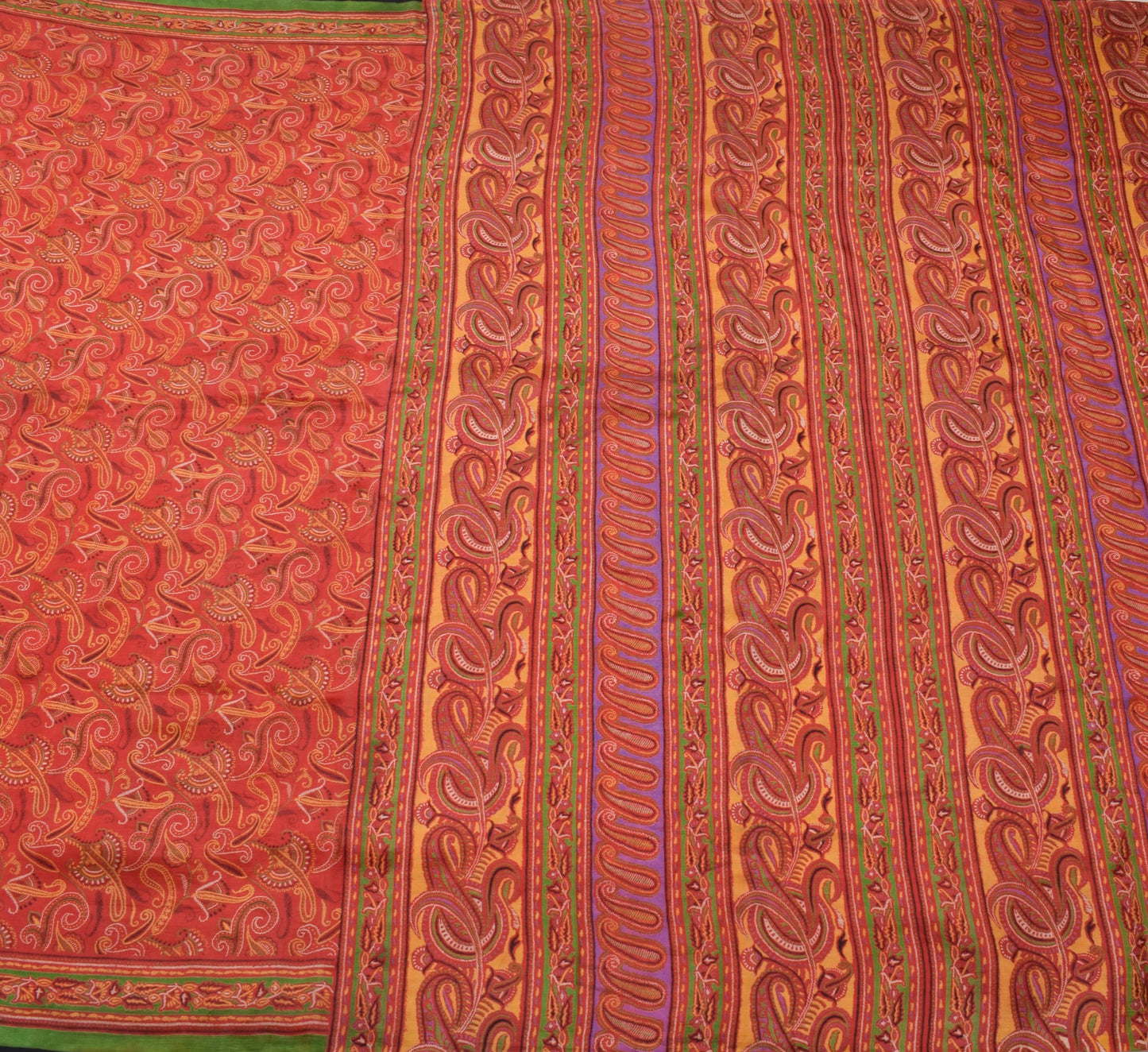 Sushila Vintage Dark Orange Saree Pure Silk Printed Paisley Soft Craft Fabric