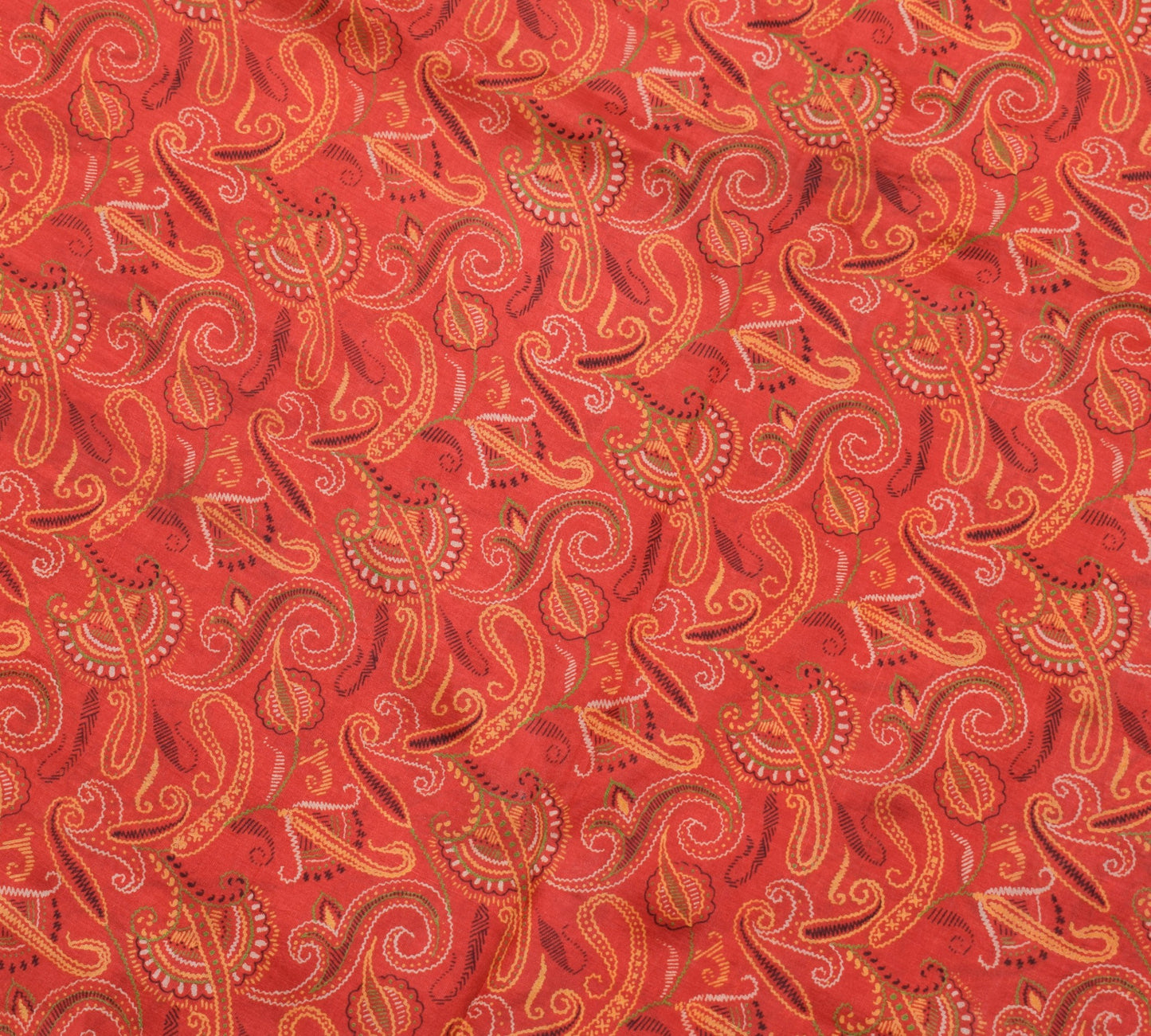 Sushila Vintage Dark Orange Saree Pure Silk Printed Paisley Soft Craft Fabric