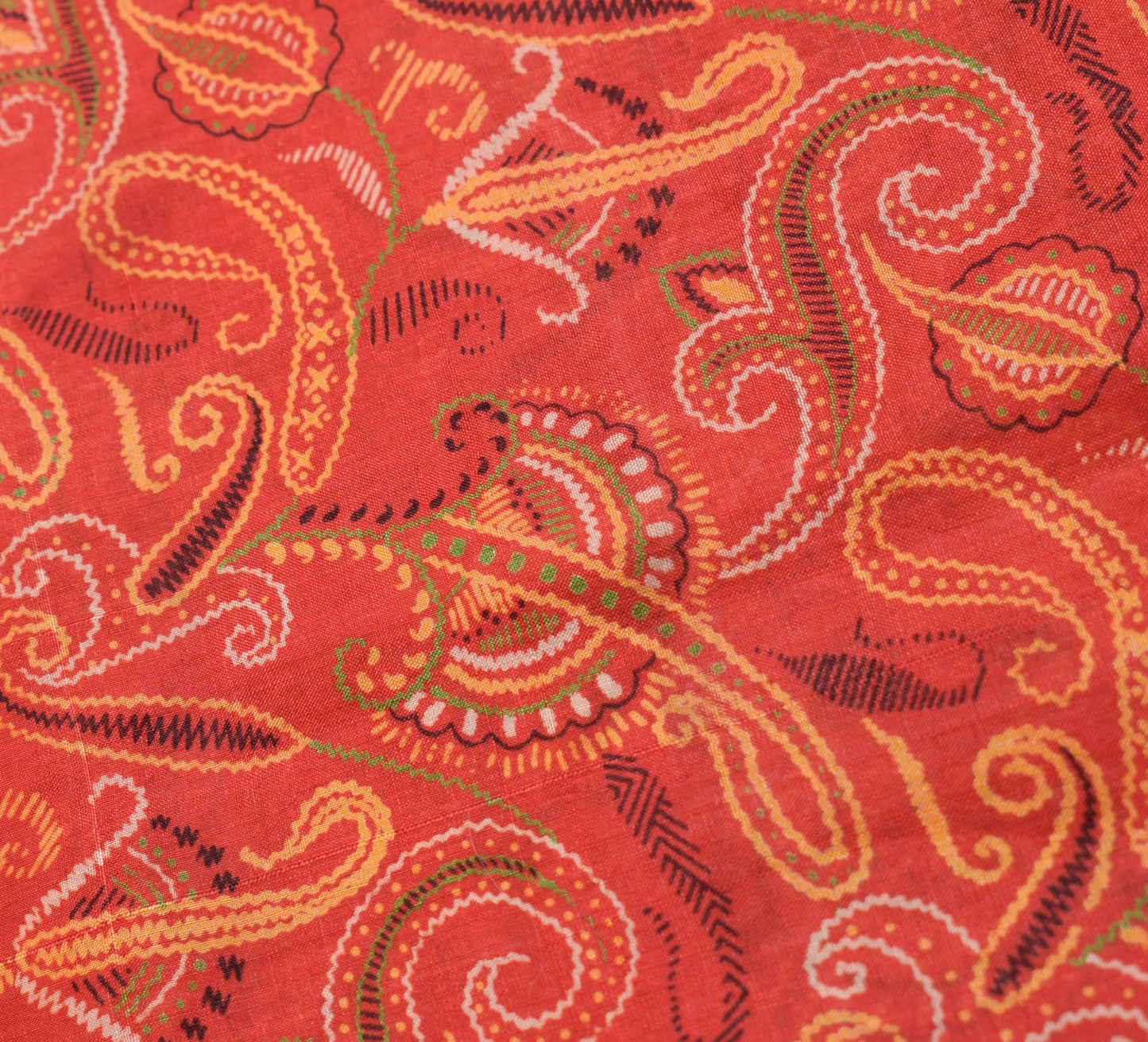 Sushila Vintage Dark Orange Saree Pure Silk Printed Paisley Soft Craft Fabric