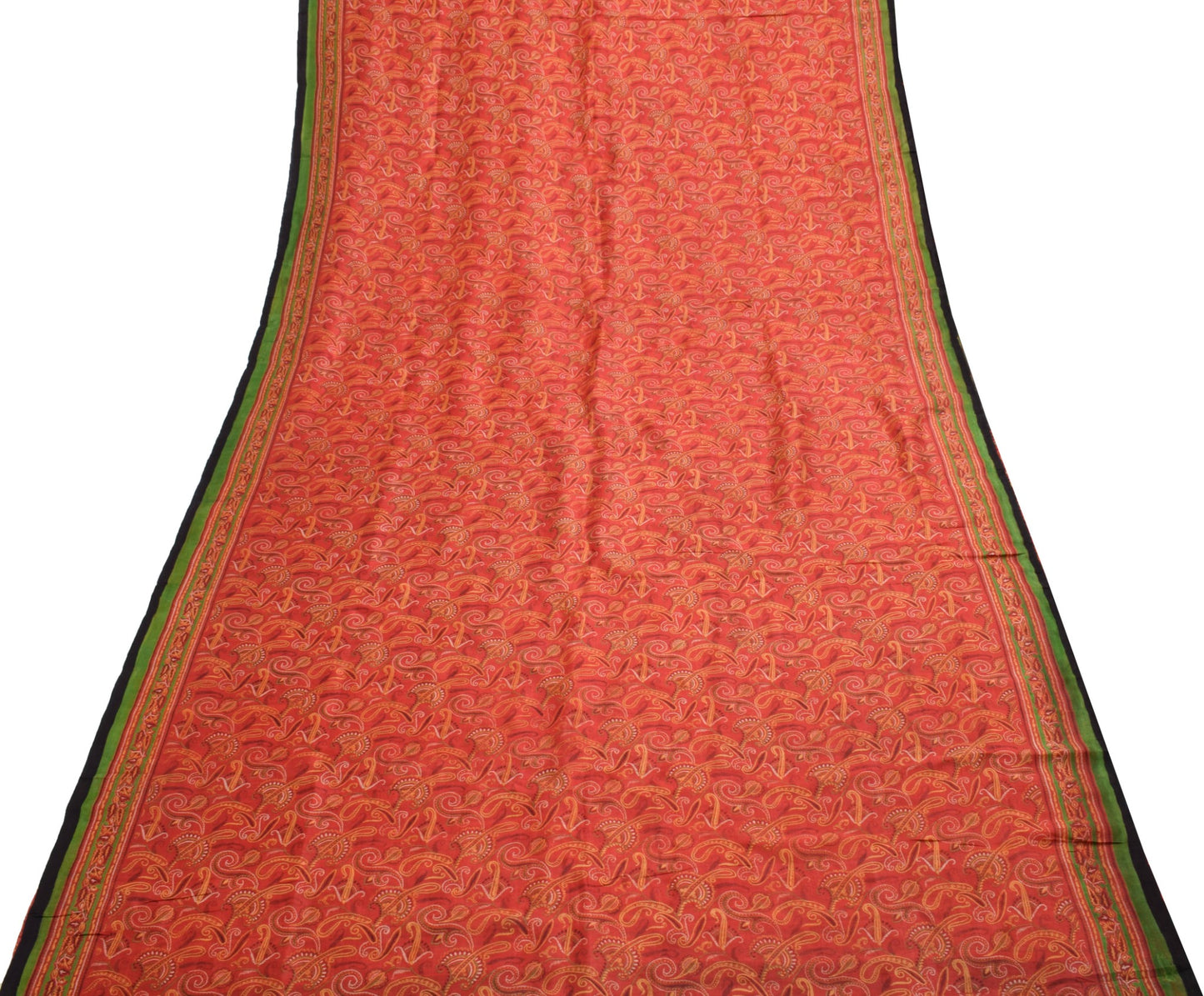 Sushila Vintage Dark Orange Saree Pure Silk Printed Paisley Soft Craft Fabric