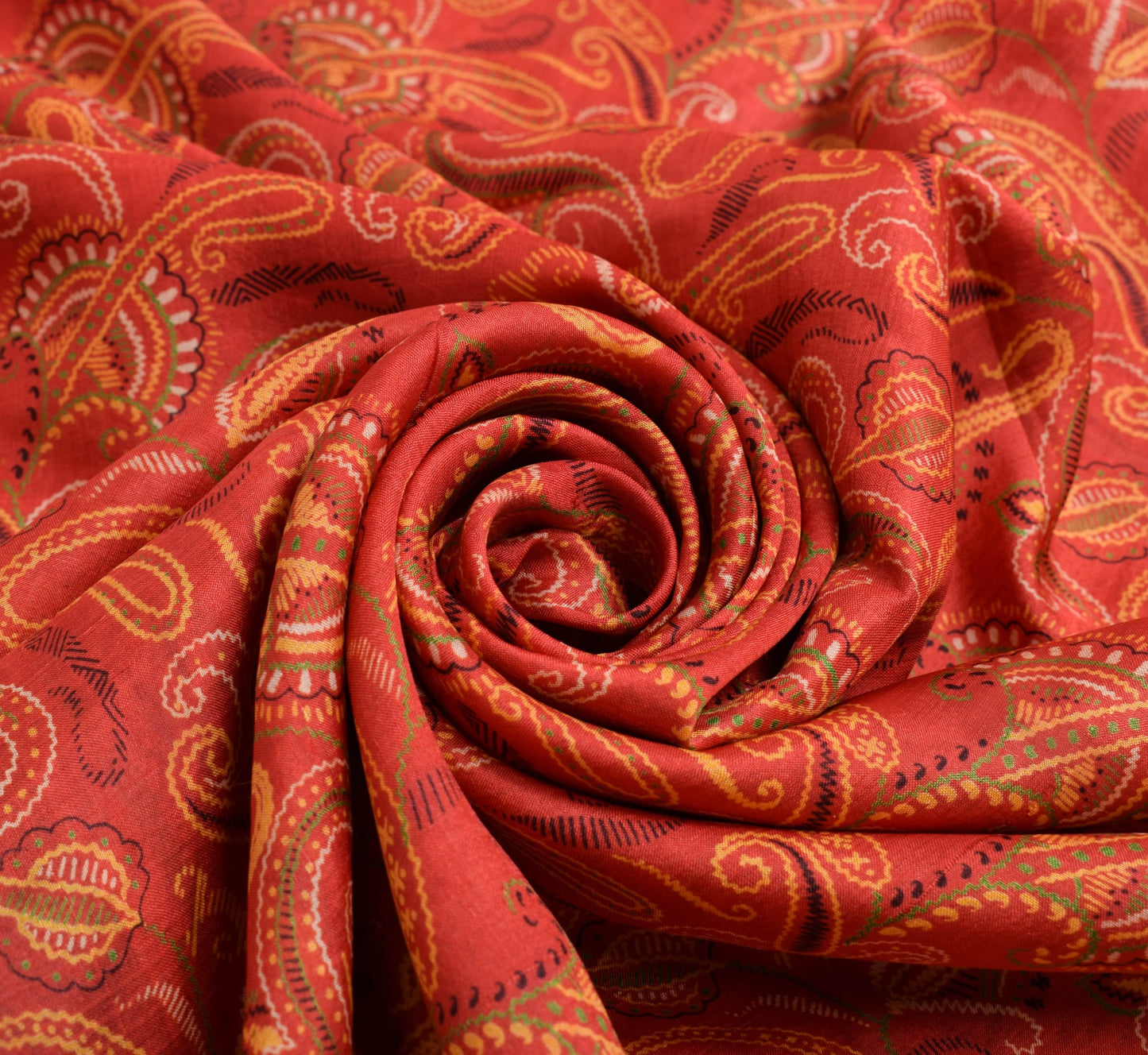 Sushila Vintage Dark Orange Saree Pure Silk Printed Paisley Soft Craft Fabric