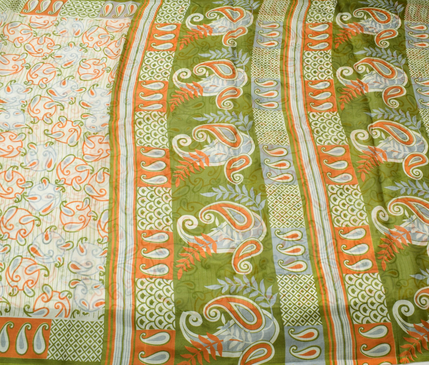 Sushila Vintage Off White Saree 100% Pure Silk Printed Paisley 5 YD Craft Fabric