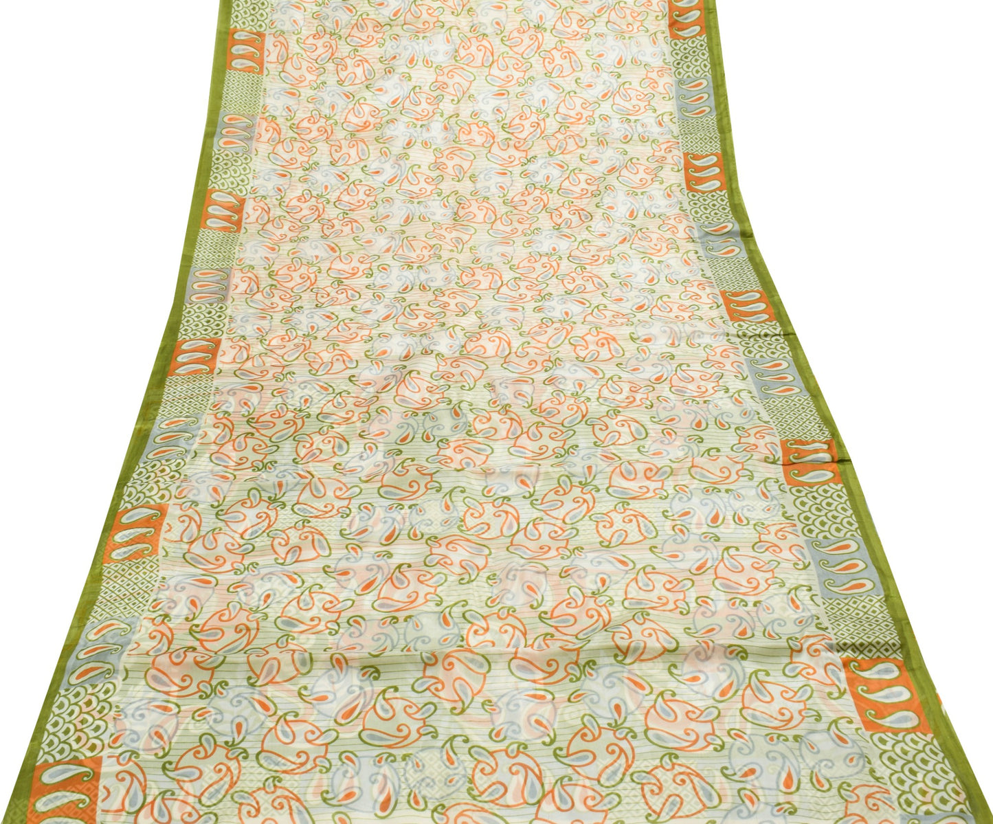 Sushila Vintage Off White Saree 100% Pure Silk Printed Paisley 5 YD Craft Fabric