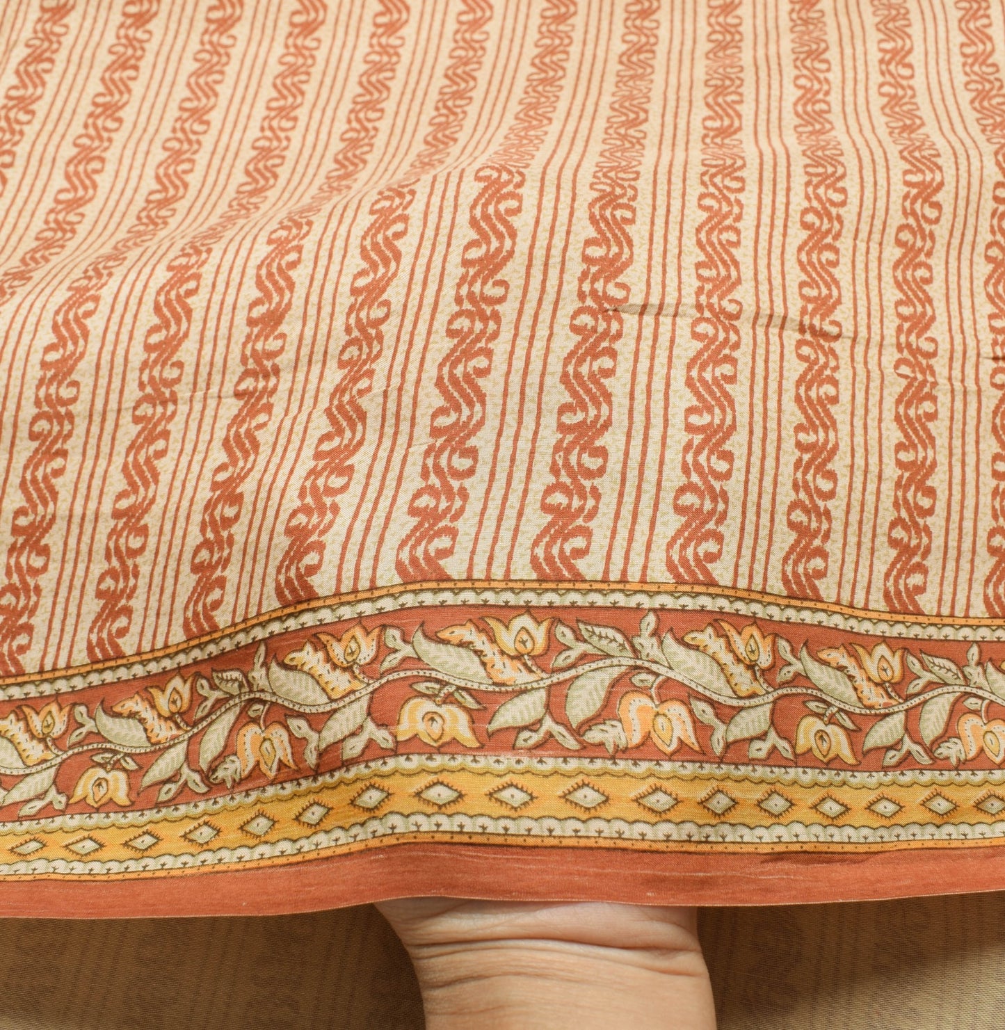 Sushila Vintage Beige Saree 100% Pure Silk Printed 5 YD Women Soft Craft Fabric