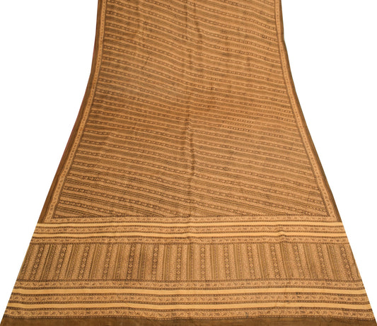 Sushila Vintage Brown Saree 100% Pure Silk Hand Block Printed Soft Craft Fabric