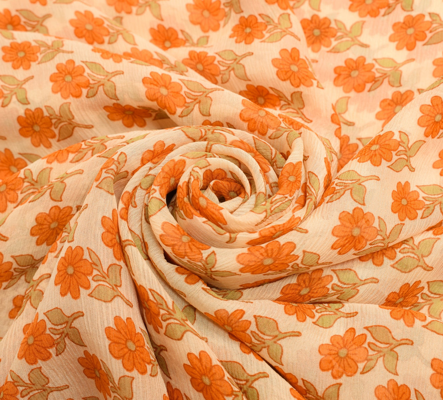Sushila Vintage Saree Pure Chiffon Silk Printed Soft Craft Cream Floral Fabric