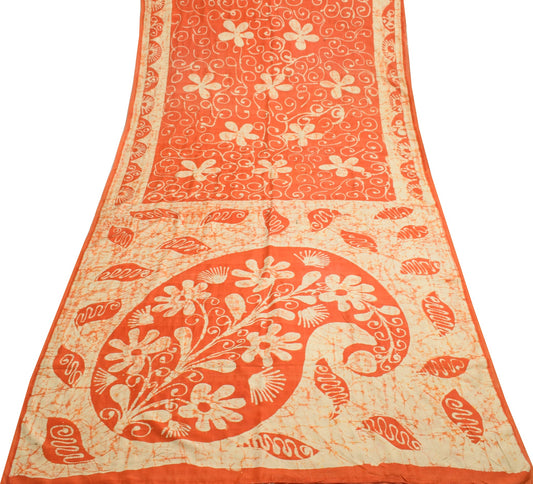 Sushila Vintage Orange Saree Pure Silk Floral Batik Printed Soft Craft Fabric