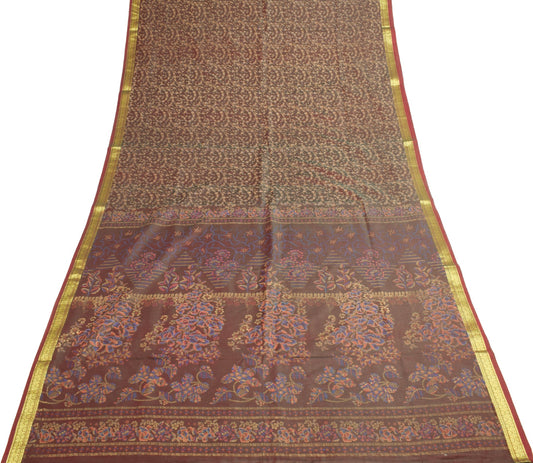 Sushila Vintage Green Maroon Dual Tone Saree Silk Floral Printed Craft Fabric