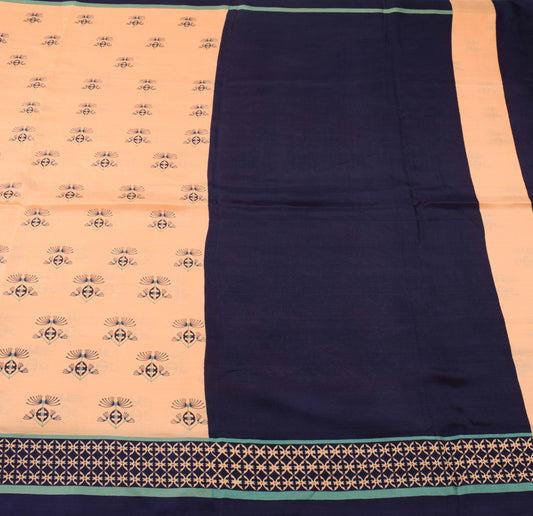 Sushila Vintage Peach Blue Saree 100%Pure Silk Printed Floral Soft Craft Fabric