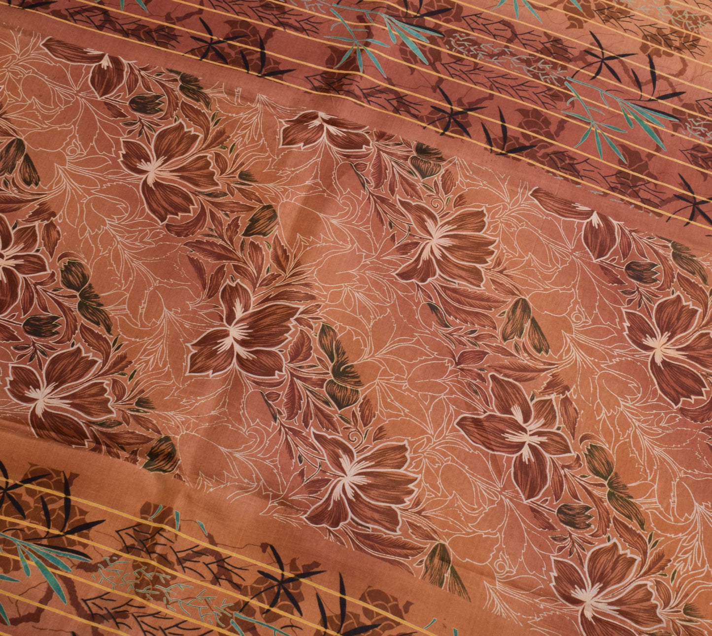 Sushila Vintage Dark Rust Floral Women Saree 100% Pure Silk Printed Craft Fabric