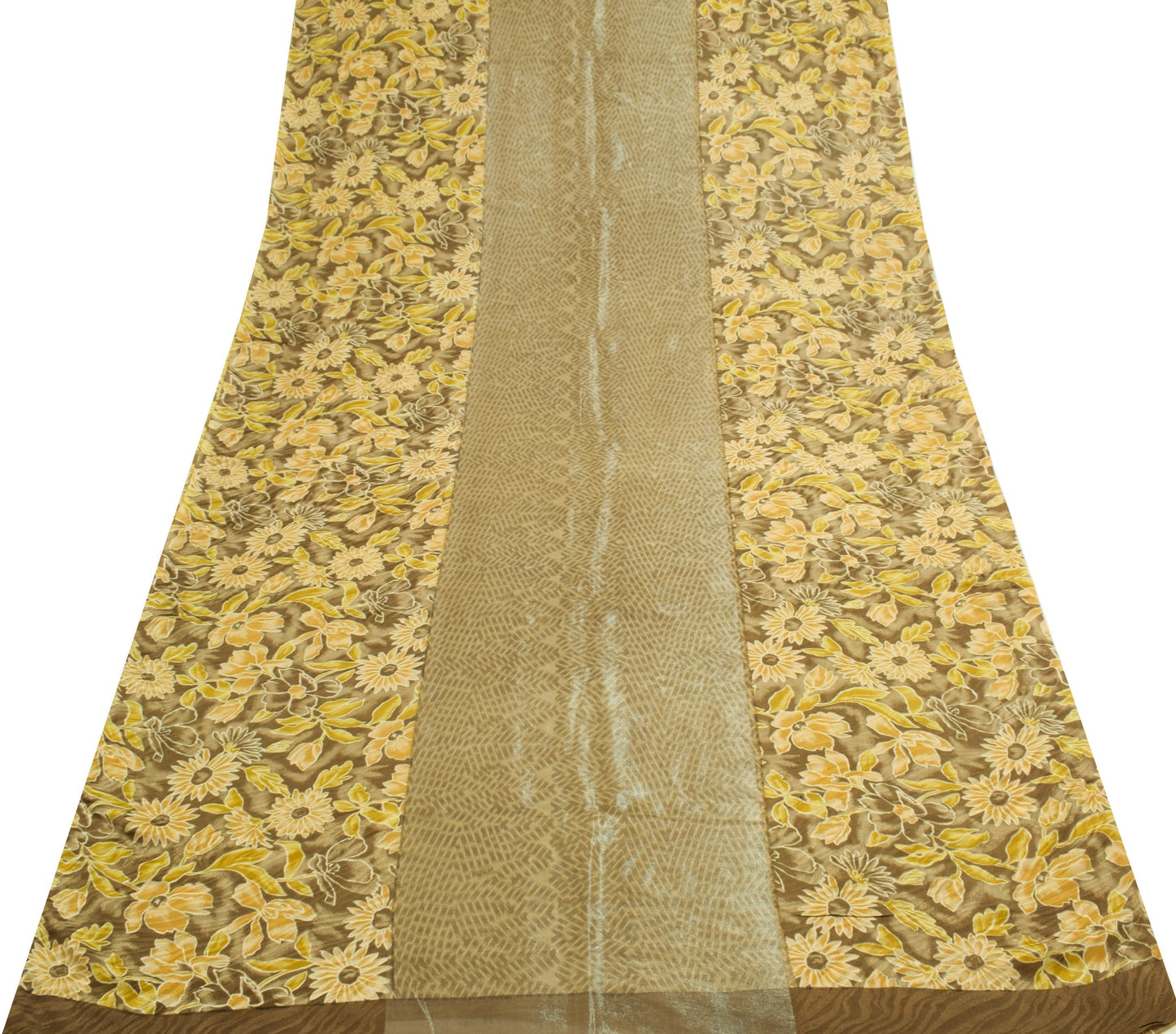 Sushila Vintage Brown Floral Saree Pure Silk Printed & Woven Soft Craft Fabric