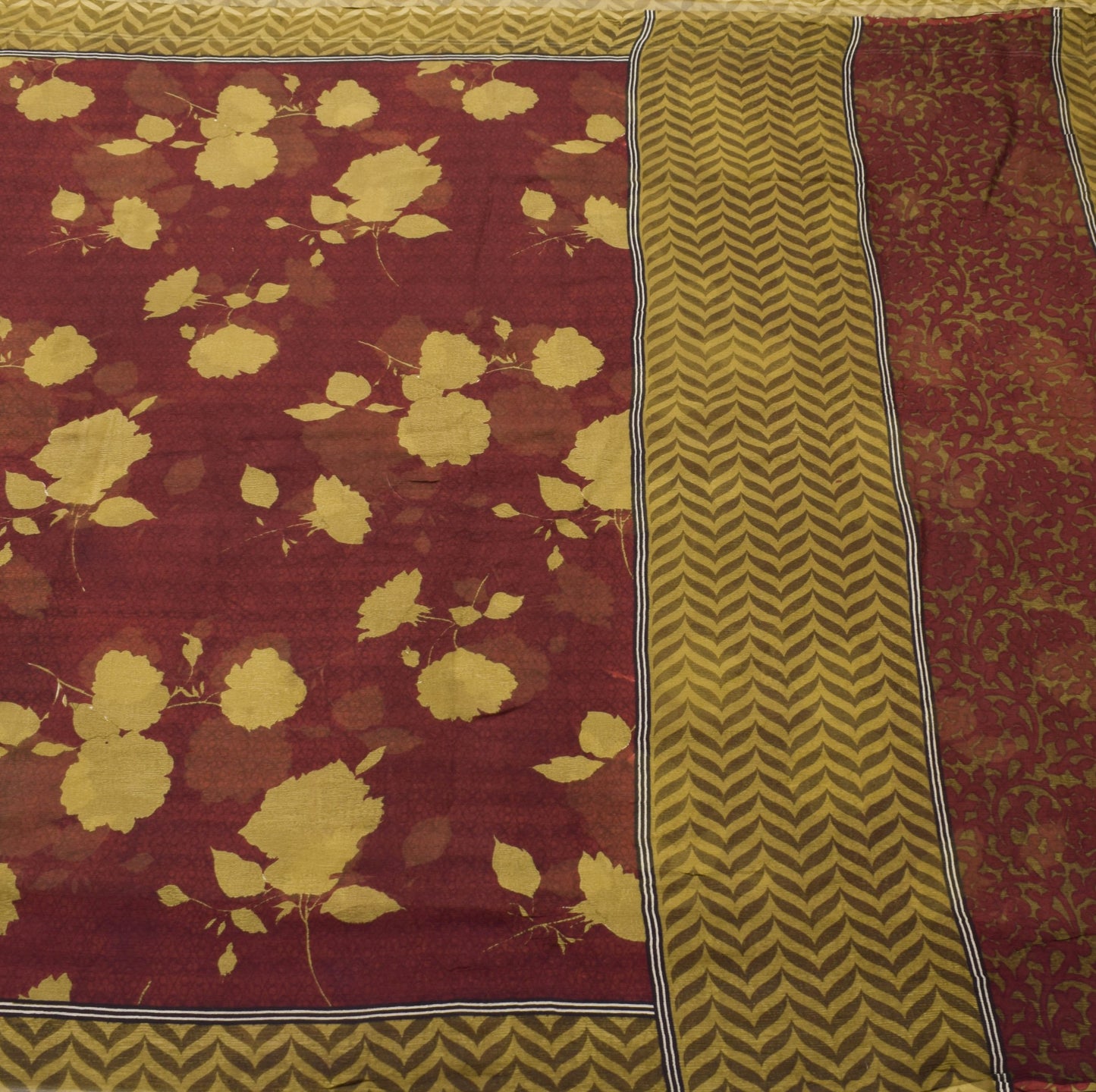 Sushila Vintage Saree Floral Maroon Pure Chiffon Silk Printed Soft Craft Fabric