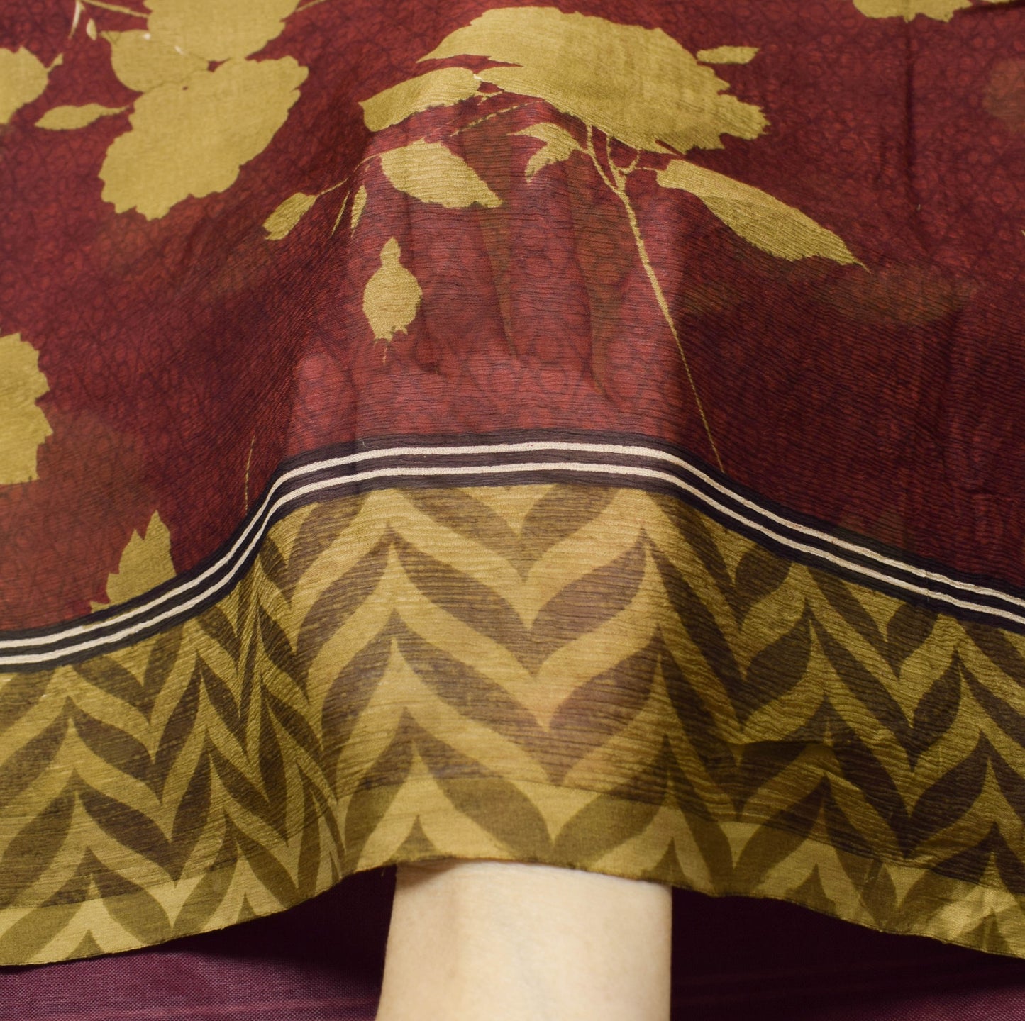 Sushila Vintage Saree Floral Maroon Pure Chiffon Silk Printed Soft Craft Fabric