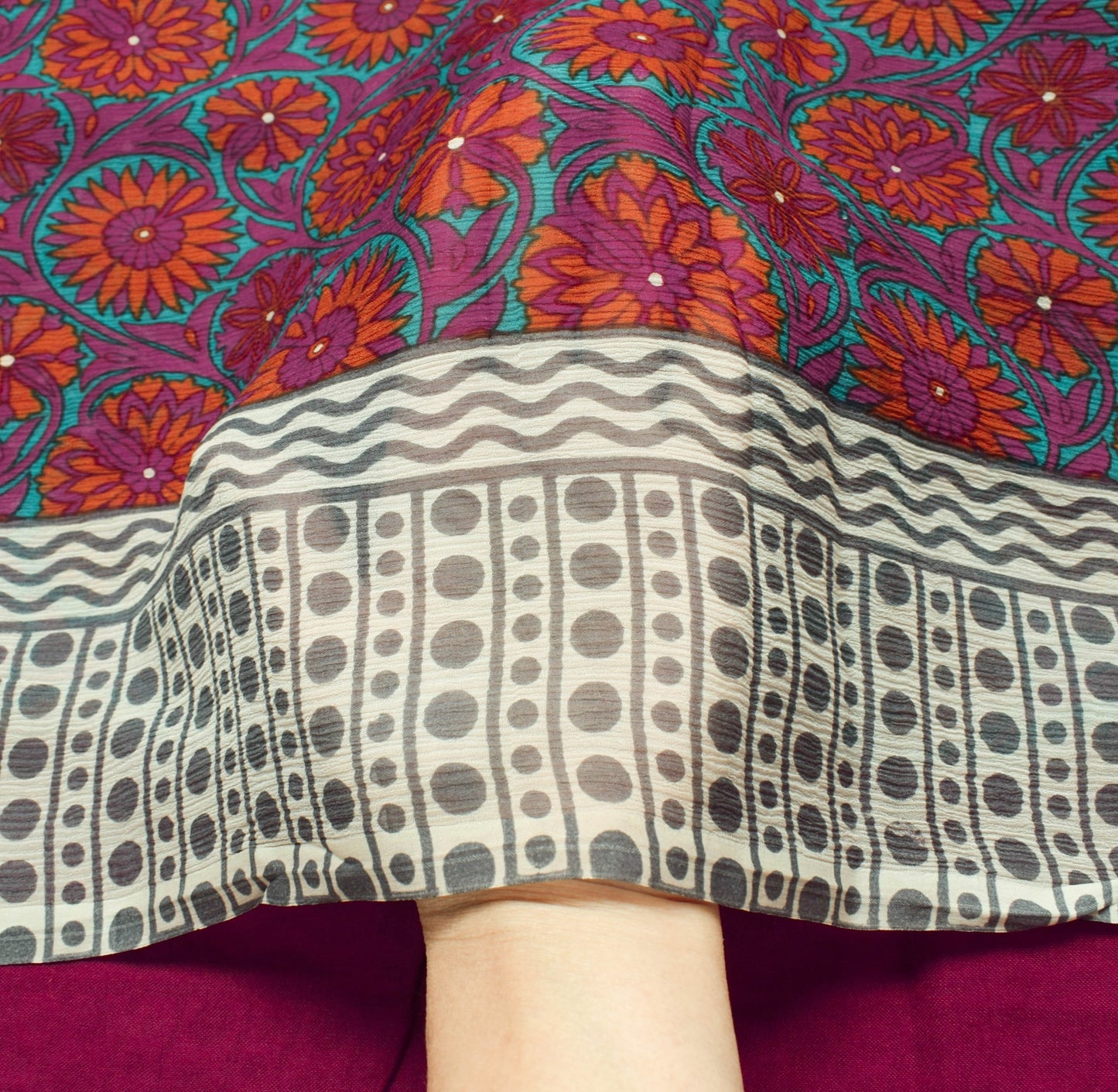 Sushila Vintage Saree Pure Chiffon Silk Printed Magenta Floral Soft Craft Fabric