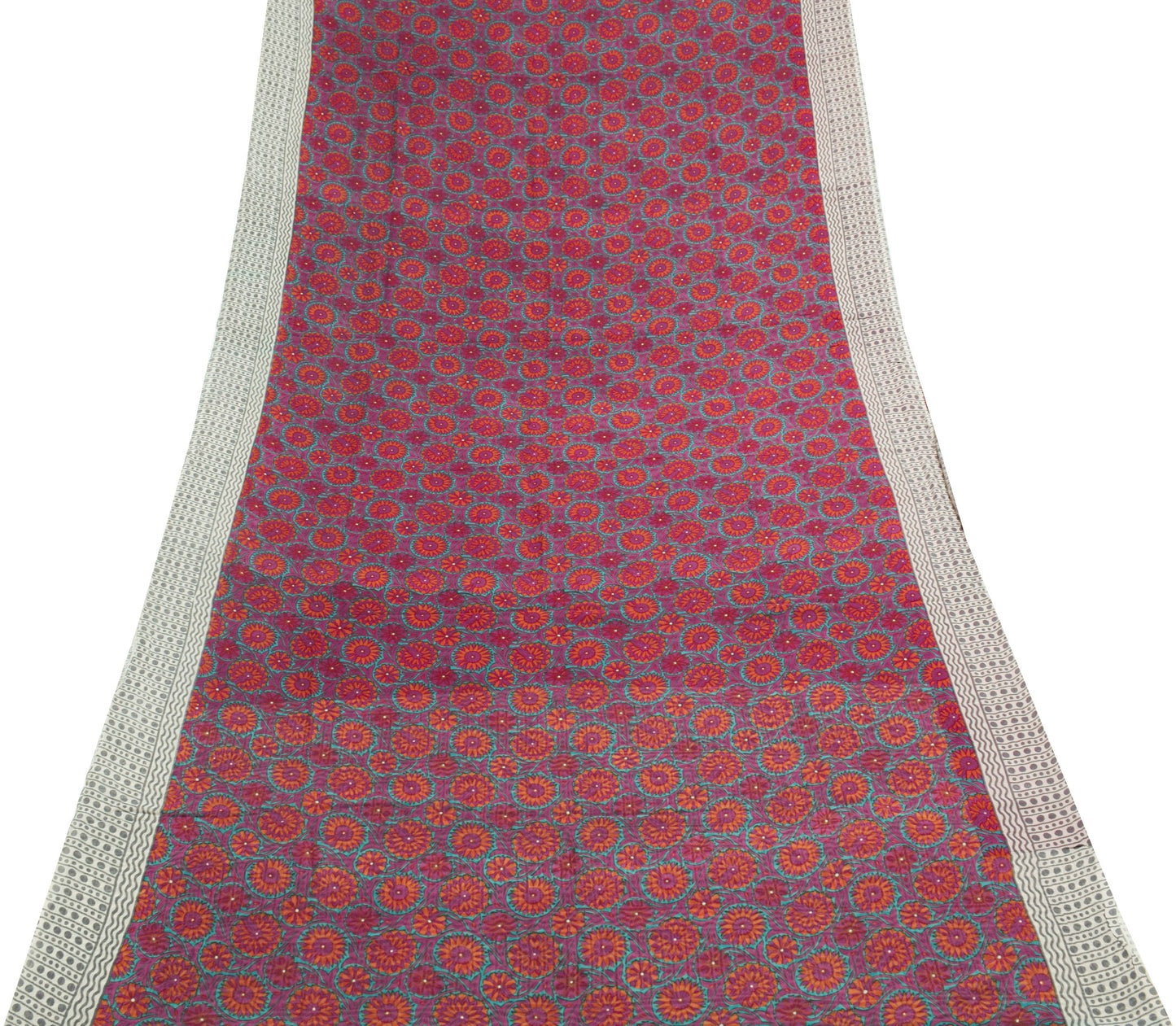 Sushila Vintage Saree Pure Chiffon Silk Printed Magenta Floral Soft Craft Fabric