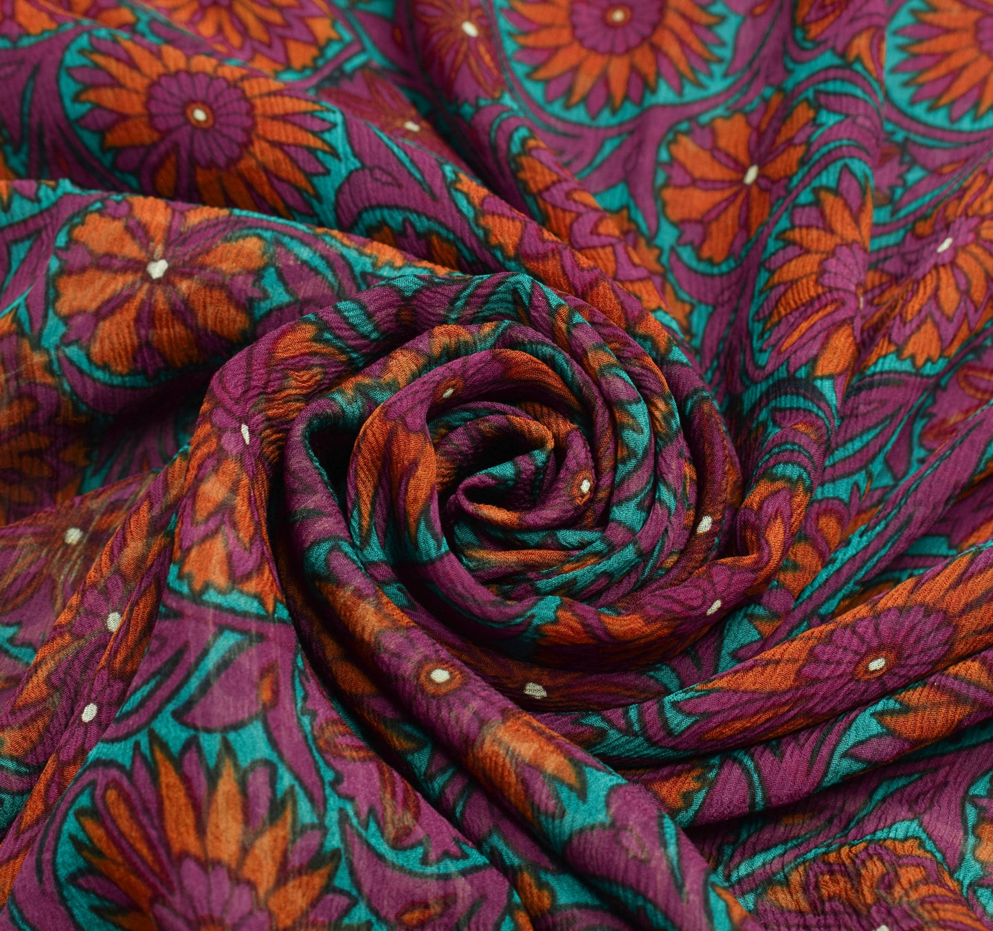 Sushila Vintage Saree Pure Chiffon Silk Printed Magenta Floral Soft Craft Fabric