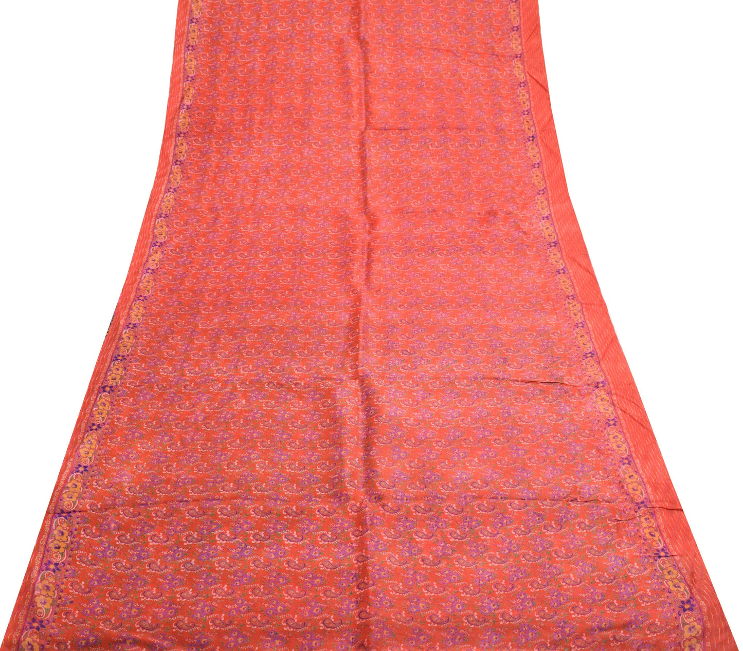 Sushila Vintage Red Saree 100% Pure Silk Paisley Printed Indian 5YD Craft Fabric