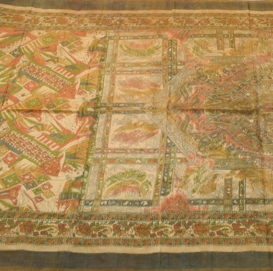 Sushila Vintage Multi-Color Saree 100% Pure Silk Printed 5 Yd Soft Craft Fabric