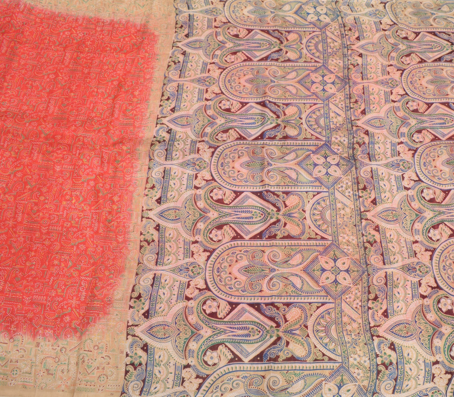 Sushila Vintage Red Saree Pure Silk Printed Daily Wear Sari Soft Craft Fabric