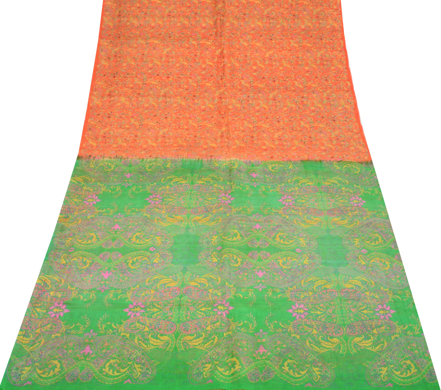 Sushila Vintage Orange Green  Saree Pure Silk Printed Floral Soft Craft Fabric