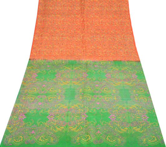 Sushila Vintage Orange Green  Saree Pure Silk Printed Floral Soft Craft Fabric