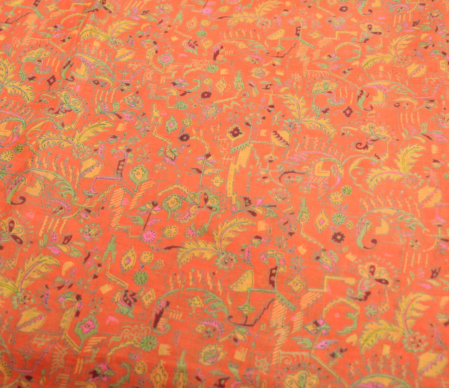Sushila Vintage Orange Green  Saree Pure Silk Printed Floral Soft Craft Fabric