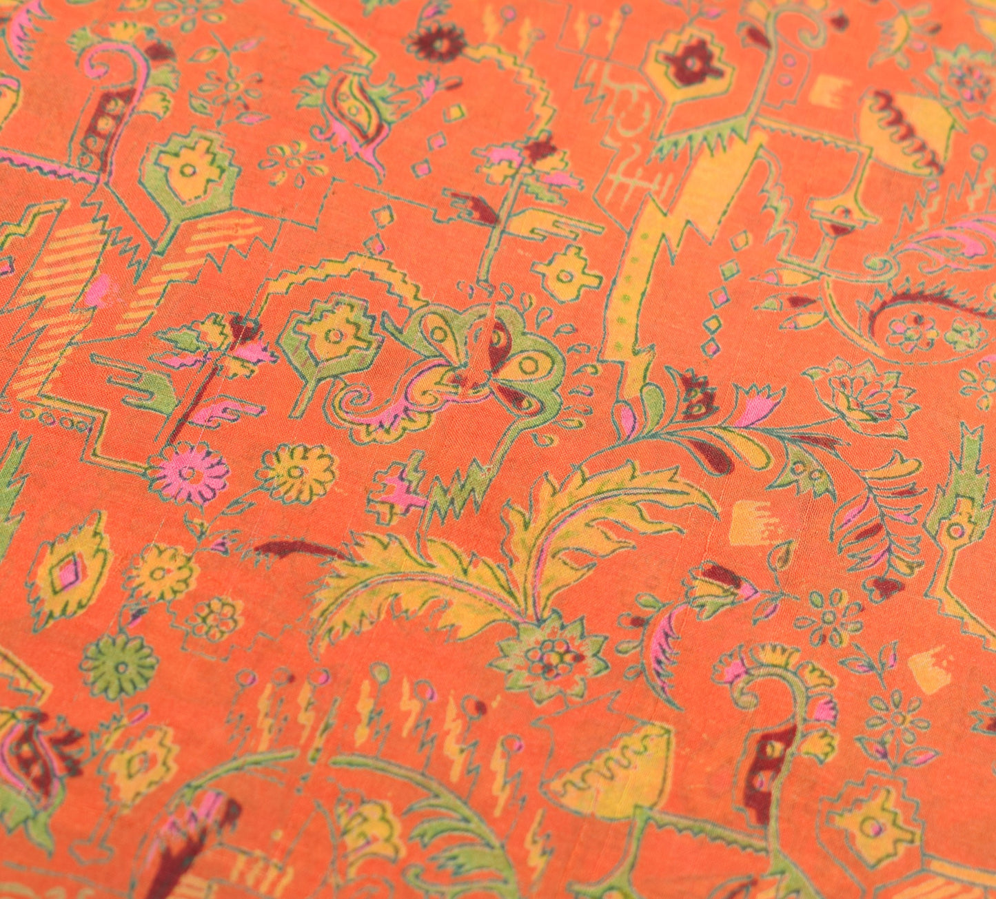 Sushila Vintage Orange Green  Saree Pure Silk Printed Floral Soft Craft Fabric