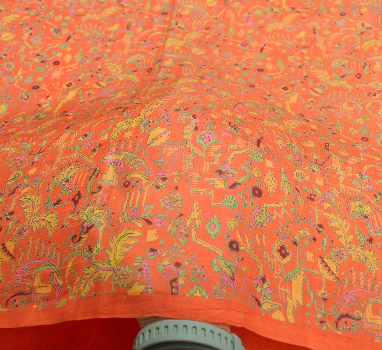 Sushila Vintage Orange Green  Saree Pure Silk Printed Floral Soft Craft Fabric