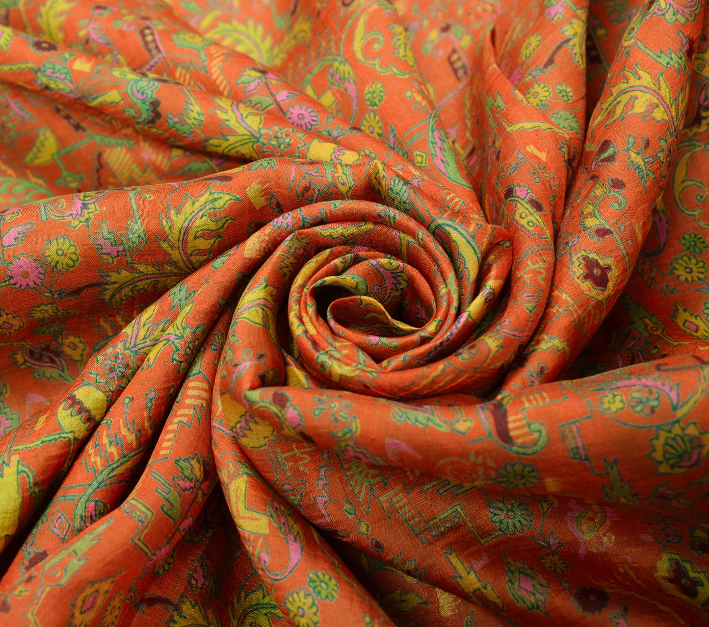 Sushila Vintage Orange Green  Saree Pure Silk Printed Floral Soft Craft Fabric