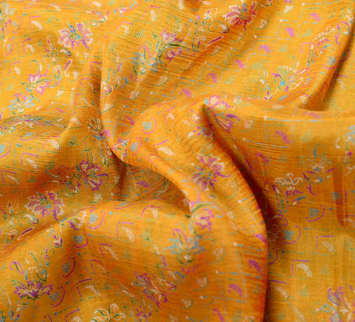 Sushila Vintage Mustard Saree 100% Pure Silk Printed Soft Craft Floral Fabric