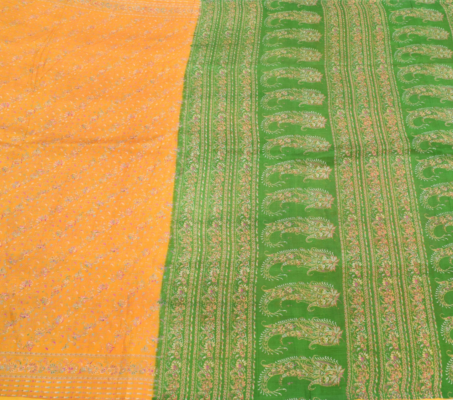 Sushila Vintage Mustard Saree 100% Pure Silk Printed Soft Craft Floral Fabric