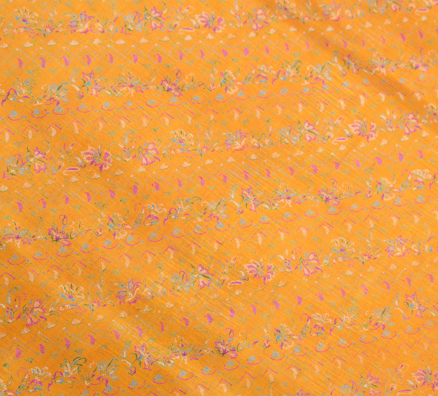 Sushila Vintage Mustard Saree 100% Pure Silk Printed Soft Craft Floral Fabric