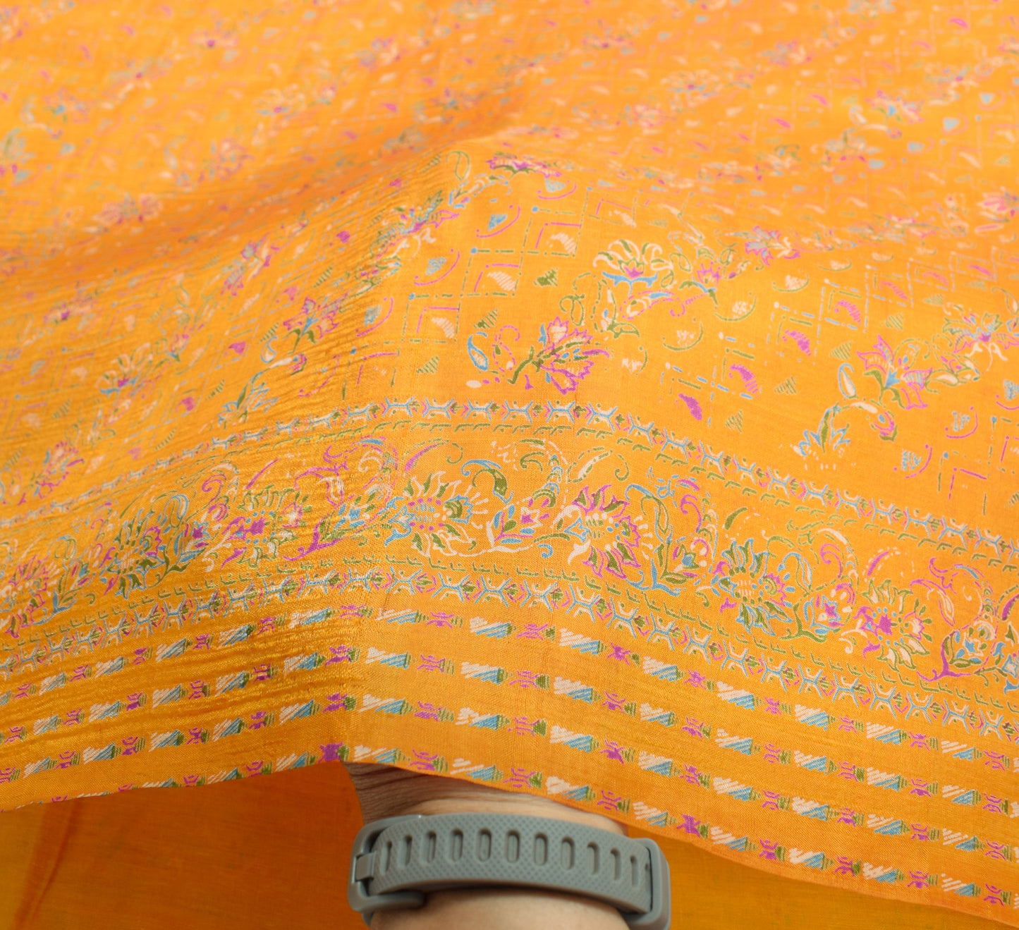 Sushila Vintage Mustard Saree 100% Pure Silk Printed Soft Craft Floral Fabric