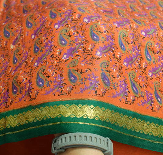 Sushila Vintage Orange Saree with Blouse Fabric Pure Silk Printed Soft Fabric