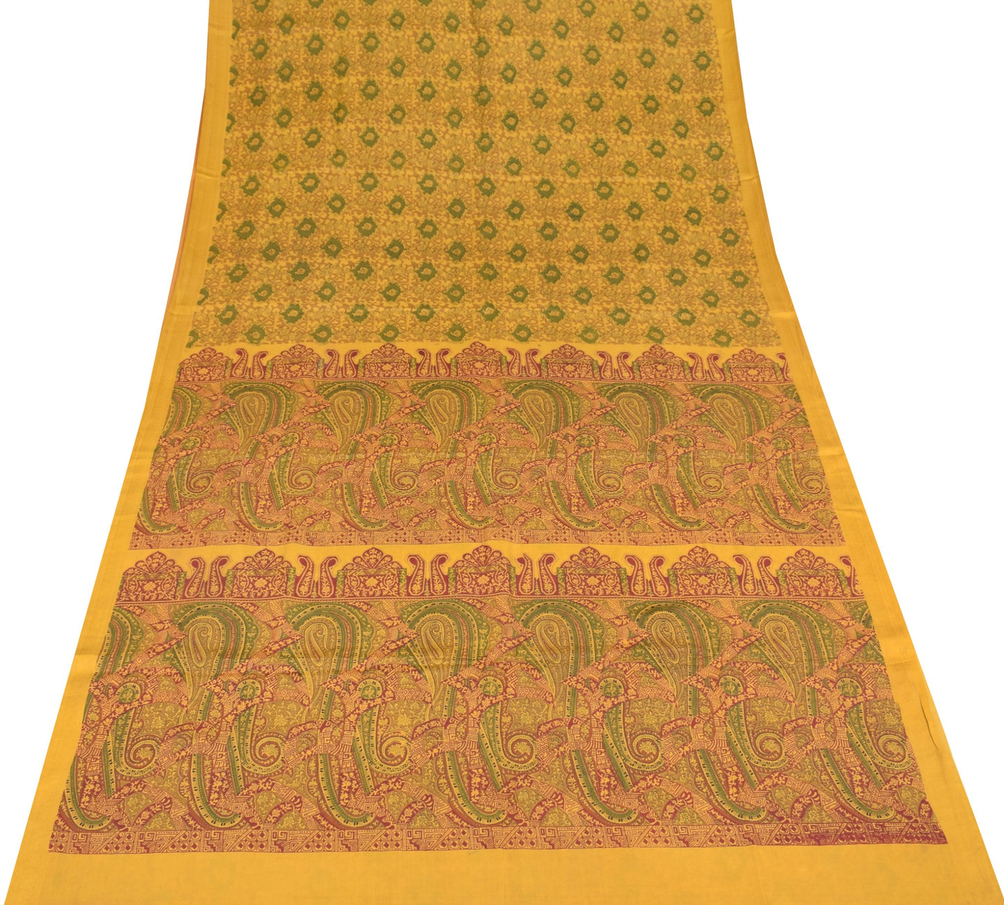 Sushila Vintage Mustard Saree Floral 100% Pure Silk Printed Soft Craft Fabric