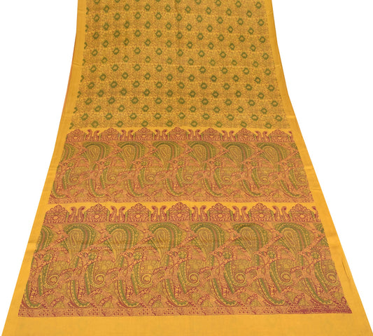 Sushila Vintage Mustard Saree Floral 100% Pure Silk Printed Soft Craft Fabric