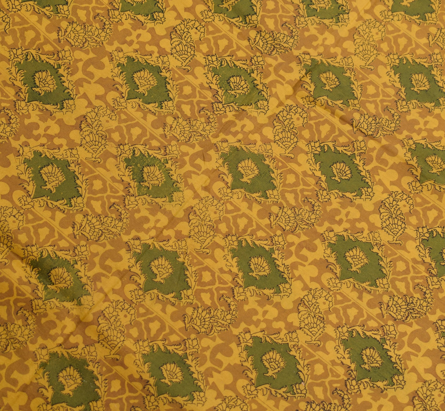 Sushila Vintage Mustard Saree Floral 100% Pure Silk Printed Soft Craft Fabric