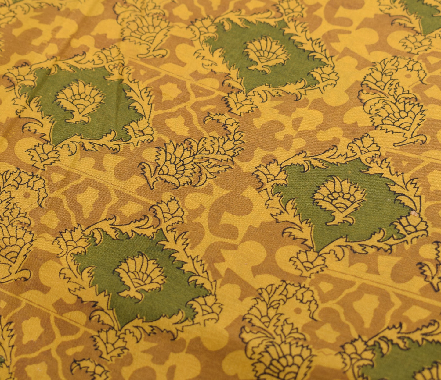 Sushila Vintage Mustard Saree Floral 100% Pure Silk Printed Soft Craft Fabric