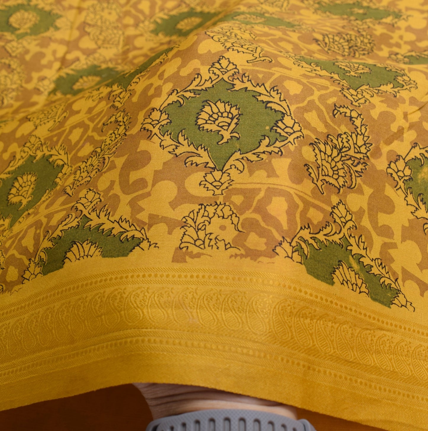 Sushila Vintage Mustard Saree Floral 100% Pure Silk Printed Soft Craft Fabric
