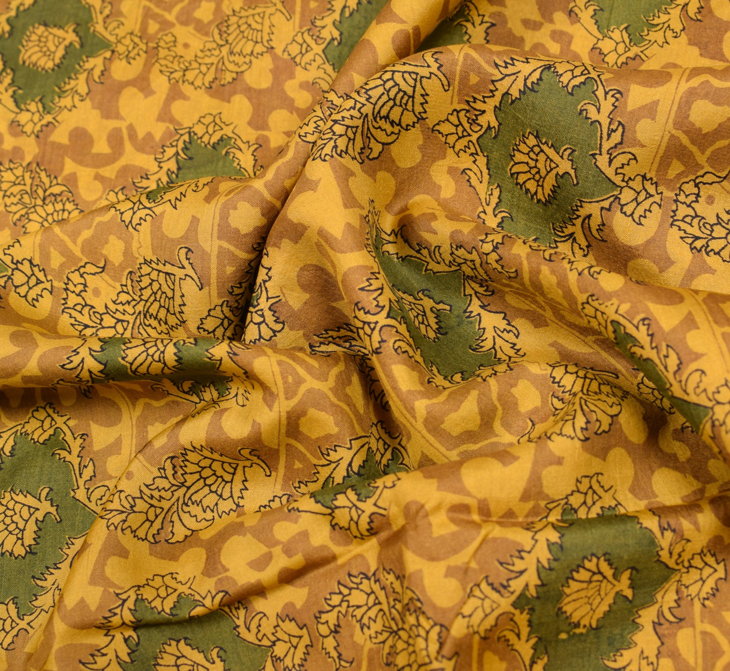 Sushila Vintage Mustard Saree Floral 100% Pure Silk Printed Soft Craft Fabric