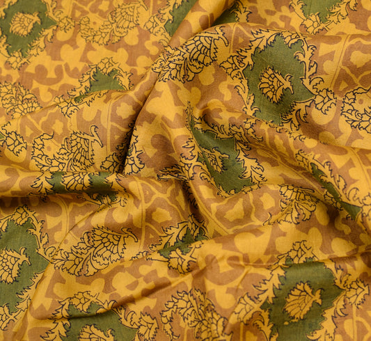 Sushila Vintage Mustard Saree Floral 100% Pure Silk Printed Soft Craft Fabric