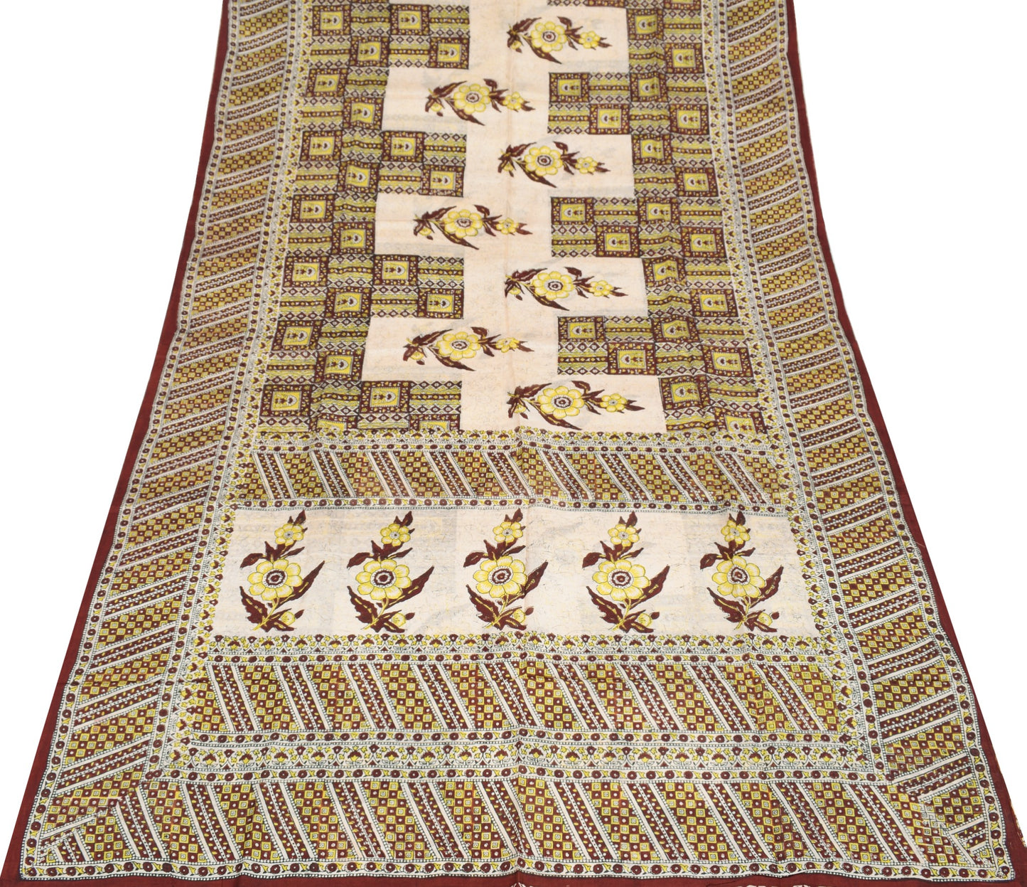 Sushila Vintage Saree 100% Pure Silk Cream Hand Block Printed Soft Craft Fabric