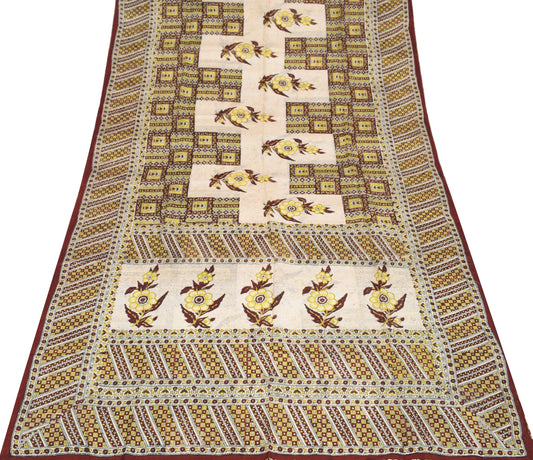 Sushila Vintage Saree 100% Pure Silk Cream Hand Block Printed Soft Craft Fabric
